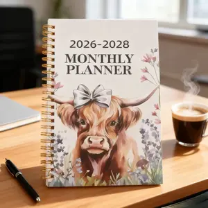 2026-2028 Three-Year Monthly Planner Notebook, Calendars Planners, High-Quality Cow Bow Floral Spiral Bound, Office Study Schedule Book, Perfect Gift for Cow Lovers
