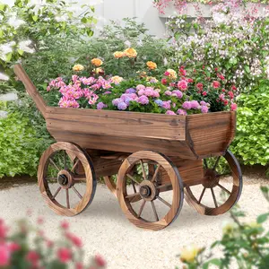 Wooden Wheelbarrow Planter Cart, Natural Wood Rustic Charm, Stylish Garden Decor Flower Pot with Wheels, Perfect for Outdoor Yard, Backyard & Farmhouse, Durable Carbonized Wood Plant Box for Your Garden