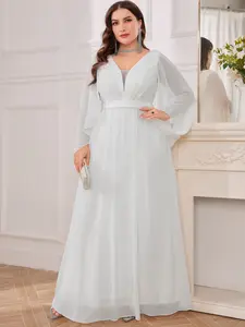 Elegant V-Neck Long Sleeve Chiffon Dress, Embroidered Patchwork Design, Random Floral Placement, Plus Size A-Line Party Gown