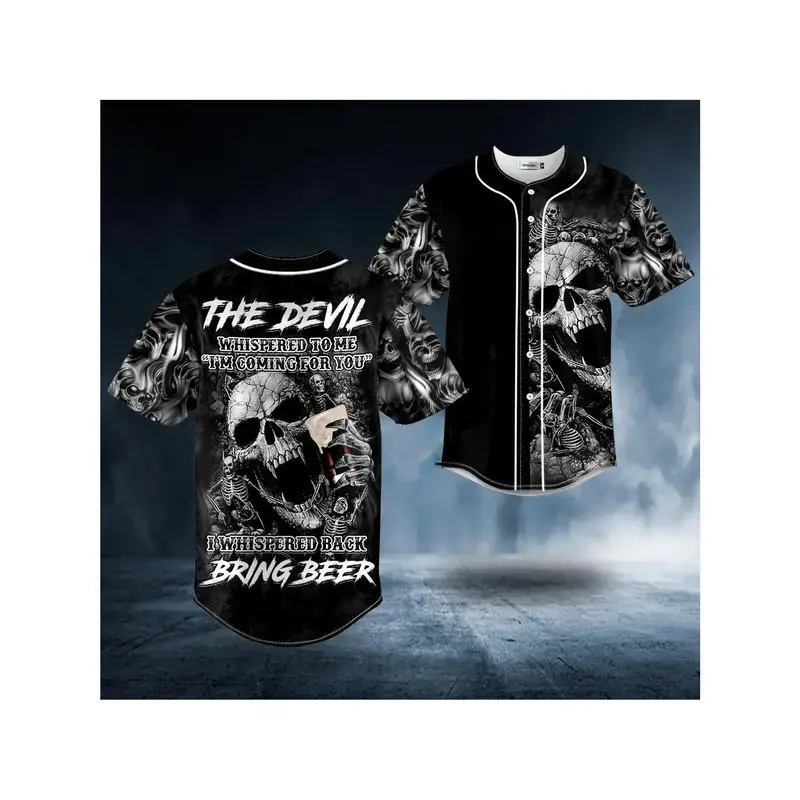 Devil Whisper To Me Baseball Shirt, Men’s Skull Beer Casual Sports Jersey