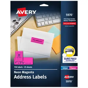 Avery Printable Address Labels with Sure Feed, 1" x 2-5/8", Neon Magenta, Laser & Inkjet Compatible, 750 Blank Labels Total, Great for Branding, Mailing, Organizing, and More (5970)