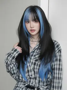 26 Inch Blue Ombre Layered Wig, Ultra Long Synthetic Straight Wig with Bangs, Soft Heat-Resistant Fiber, Synthetic Material Wigs, Perfect for Parties and Gifts, Premium Synthetic Wigs