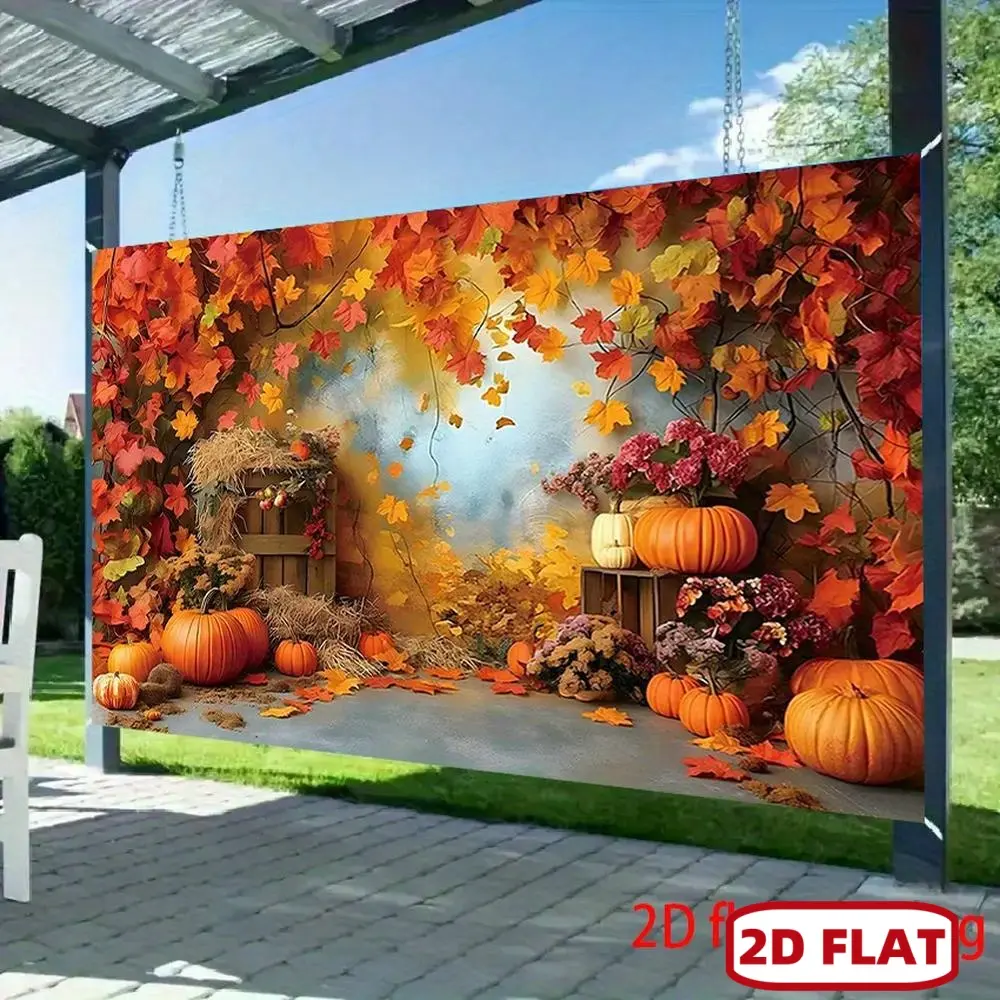1pc Large 2D Flat Autumn Party Banner - Vibrant Orange, Red, Yellow, Brown Maple Leaves, Pumpkins, Beige Florals Set the Mood, Heavy-Duty Thanksgiving Harvest Festival Photo Backdrop Textile, Maple, Pumpkins, Florals Set The Mood