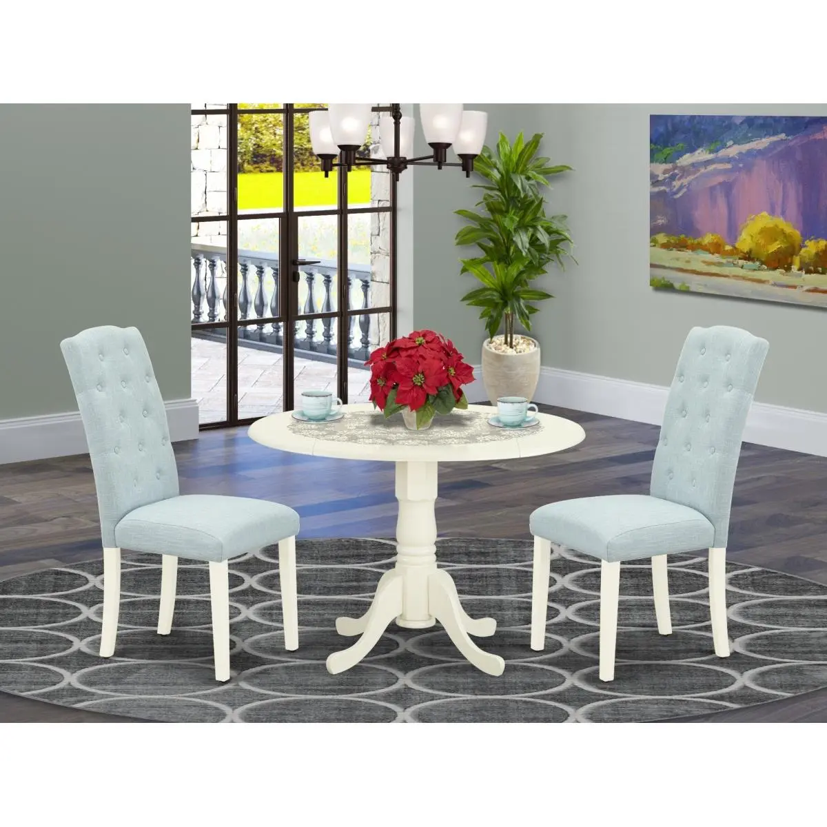East West Furniture 3-Piece Dublin Dinette Set - Round Asian Hardwood Dining Table with Drop Leaf, Linen White Finish, Easy-Assemble Stitched Baby Blue Seat (Commercial/Office Furniture)