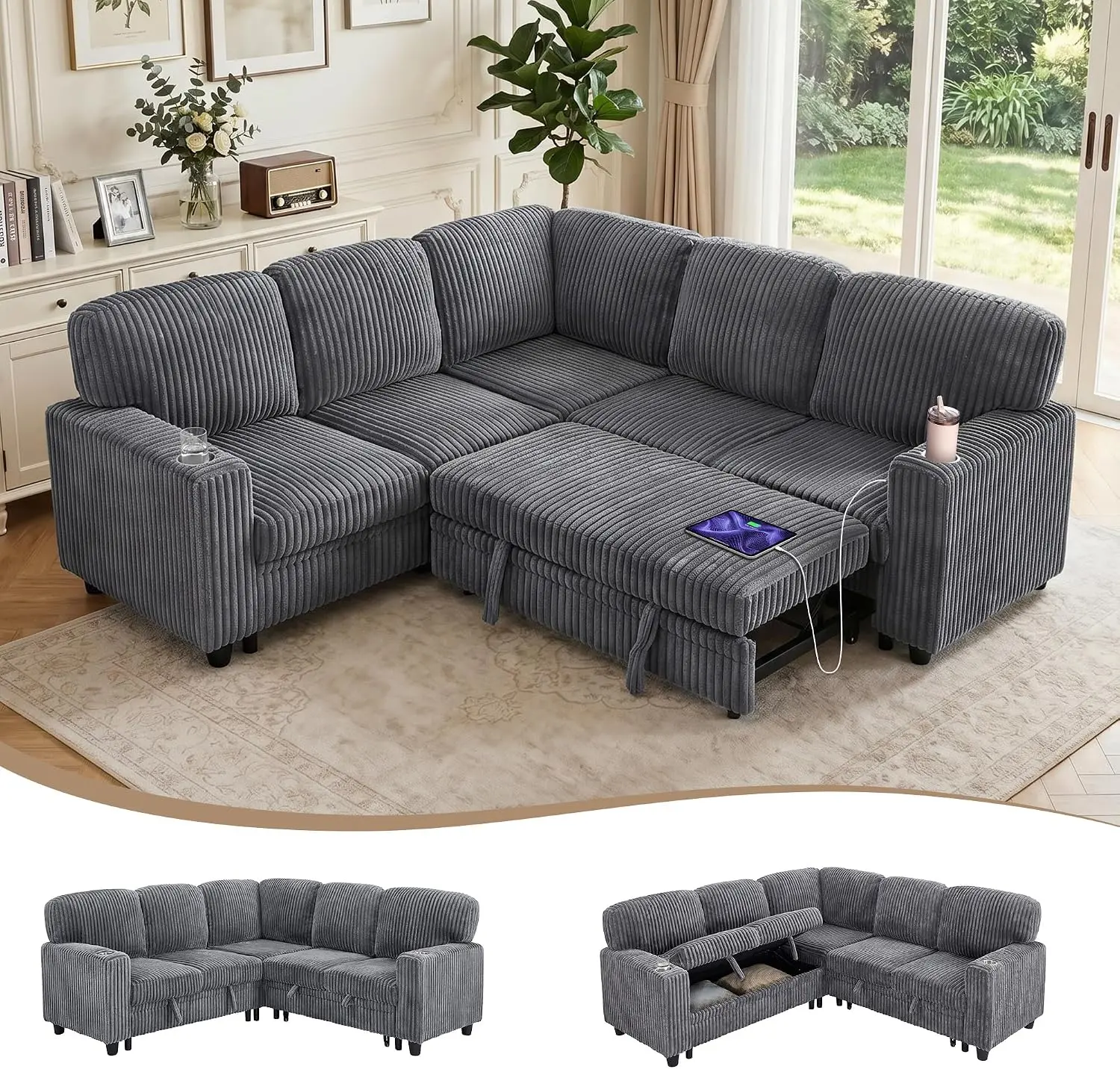 81" L-Shaped Oversized Corduroy Modular Sectional Sleeper Sofa - Pull-Out Bed, Storage Seat, Charging Station, Easy-Assembly 5-Seater Upholstered Couch, Living Room Furniture, Indoor Sofas Living Room Sectional Couch, Grey, Modern