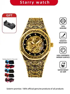 Luxury Dragon Engraved Mechanical Watch, Men's Automatic Hollow Stainless Steel Waterproof Watch, Casual All-Season Timepiece