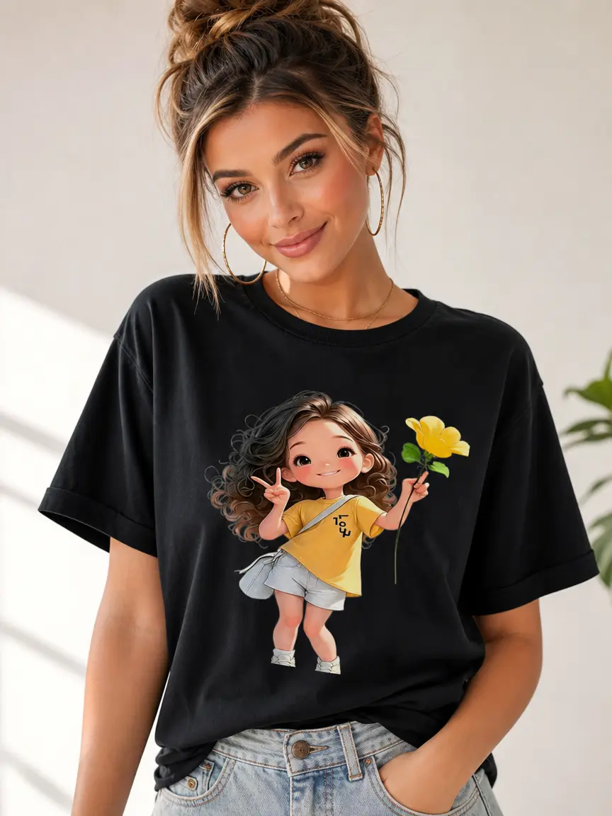 Women's Organic Cotton Fitted Short Sleeve Round Neck Graphic T-Shirt - Yellow Sunflower & Peace Sign Cartoon Curly Girl Art, Casual, Vibrant Sweet Look, Machine Washable