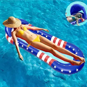 Inflatable Float with Canopy for Adults, Summer Mesh Pool float Adult Inflatable Pool Float Raft with Shade Water Lounge, Independence Day Inflatable Pool Hammock with Canopy