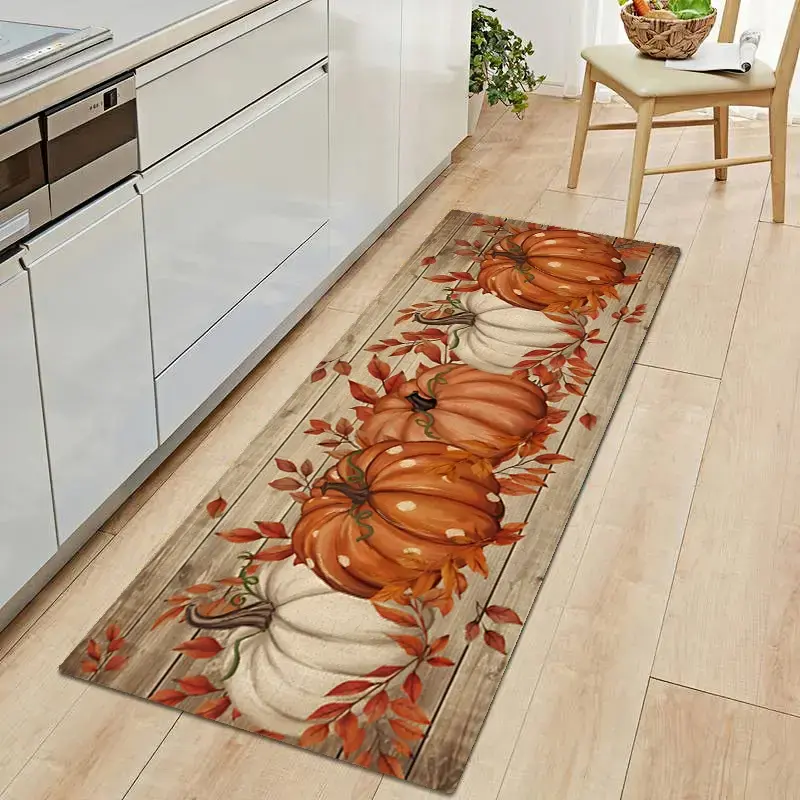 2Pcs Autumn Five Abstract Pumpkin Floor Mats Set Suitable For Farmhouse Kitchen Dining Room Laundry Room Decorative Carpet Mats Kitchen Rugs Sets