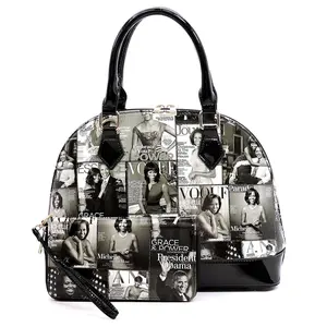 Glossy magazine cover collage dome satchel bag purses bowling bag Michelle Obama bags with wallet set 2 in 1