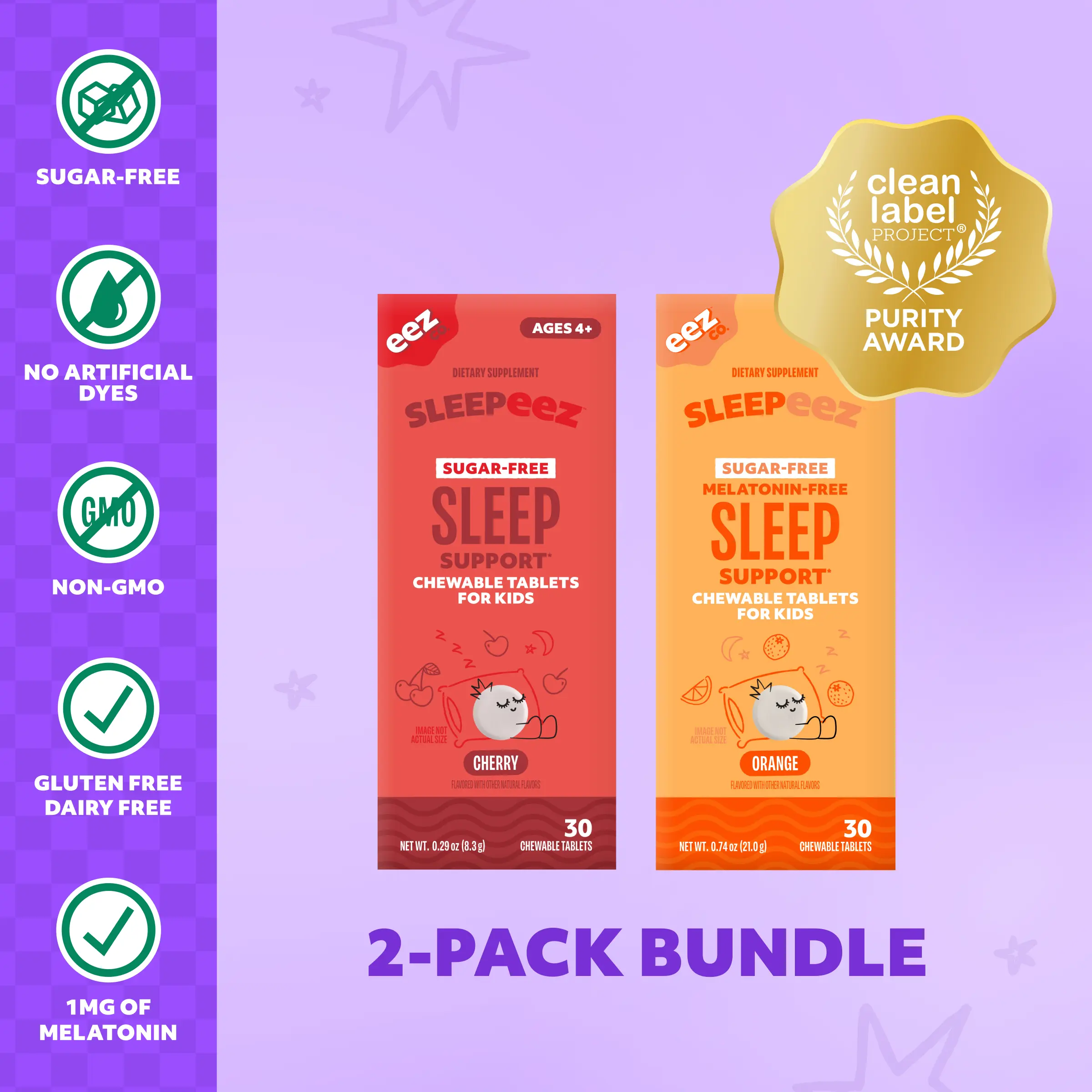 Kids Sleep Aid Bundle (2-pack) - Sugar-free, Non-GMO, Dairy Free, Gluten Free Sleepeez Sleep Support with No Artificial Dyes or Colors, in Melatonin Free Orange and 1mg Melatonin Cherry Flavors