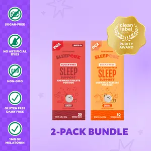 Kids Sleep Aid Bundle (2-pack) - Sugar-free, Non-GMO, Dairy Free, Gluten Free Sleepeez Sleep Support with No Artificial Dyes or Colors, in Melatonin Free Orange and 1mg Melatonin Cherry Flavors