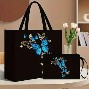 butterfly print tote bag, With Stylish Pattern, Including Handy Coin Purse, Perfect For Shopping, Travel & Beach Adventures, Multifunctional women's bag, suitable for daily, travel, shopping, work, gift giving, Fashionable Versatile Purse