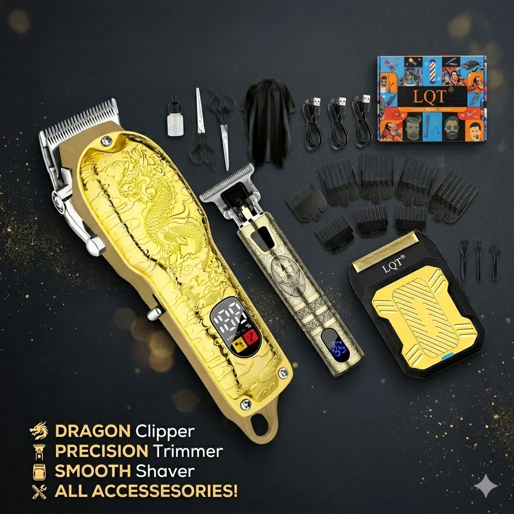 LQT 3-in-1 Vintage Dragon Engraved Gold Barber Kit, Cordless LED Digital Hair Clipper, Zero-Gap Detail Trimmer & Dual Foil Shaver Set, Complete Home Grooming Tools with Accessories, Perfect Father’s Day Gift for Men