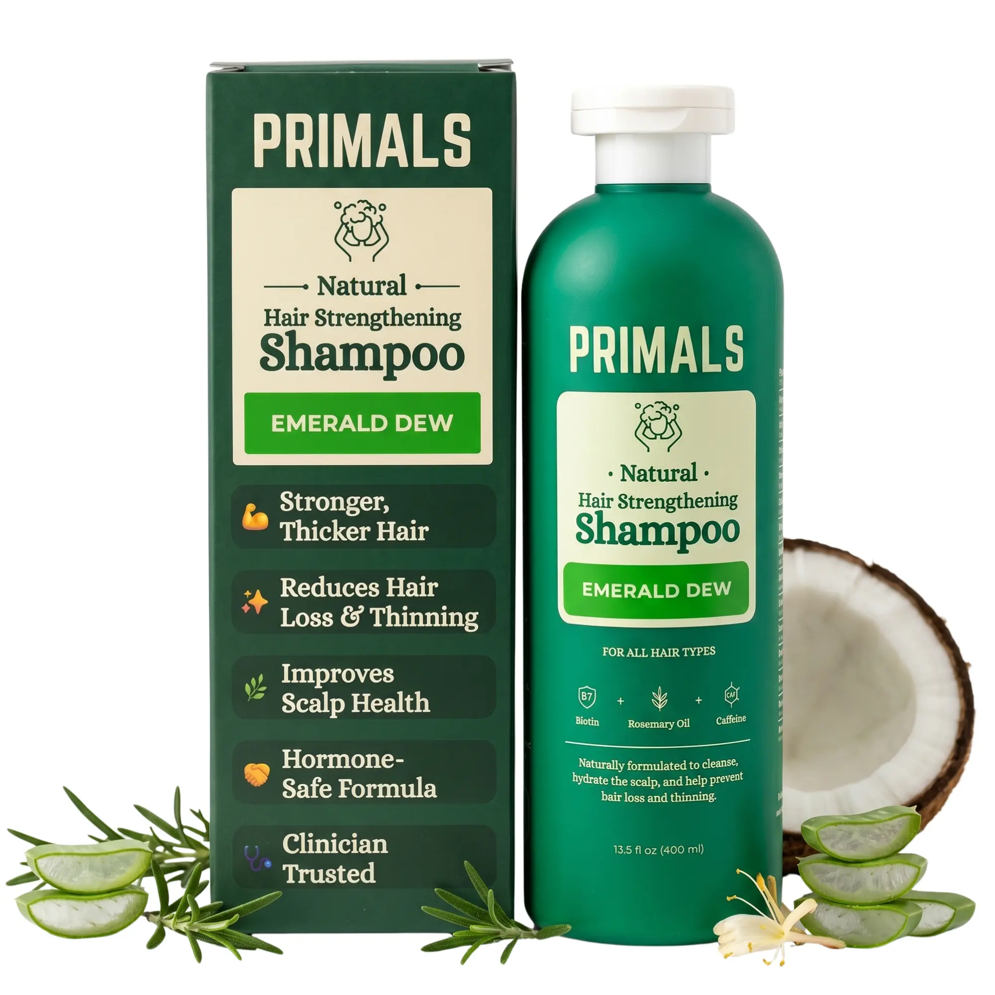 PRIMALS Hair Strengthening Shampoo - Approved by 450+ Clinicians - Caffeine, Biotin, Raw Honey, Rosemary Oil - Anti Hair Thinning - Natural Ingredients - Zero Artificial Fragrances, Sulfates, Parabens, or Dyes - 13.5 Fl Oz