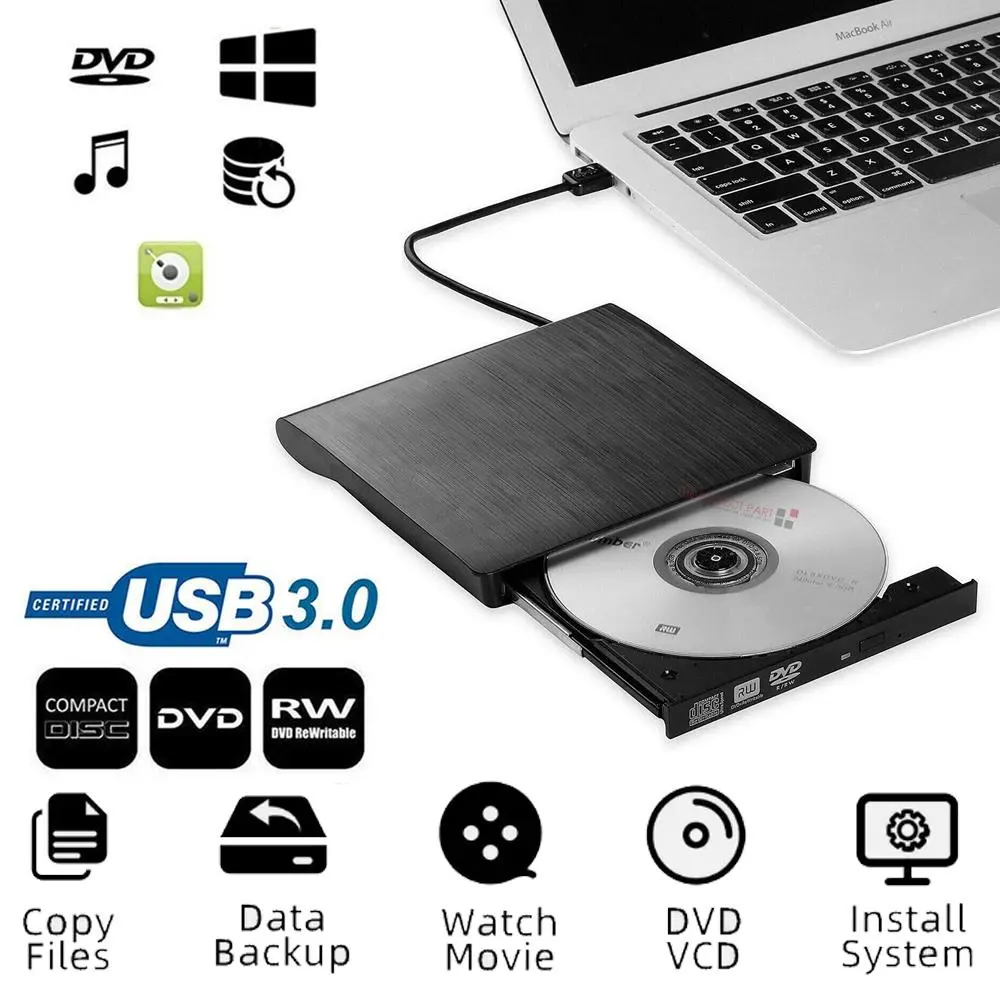 Slim External CD DVD Drive USB 3.0, CD Burner & DVD Player, Plug & Play, High-Speed 5Gbps, Compatible with Windows Linux Mac OS, Portable Slim Drive for Laptop PC Desktop Black, Cd Burning Only
