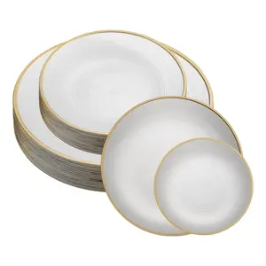60 Pieces Crystal Design Plastic Plates Combo Pack 7 inch and 10 inch Gold Rim Elegant Disposable Plates, Pearl White
