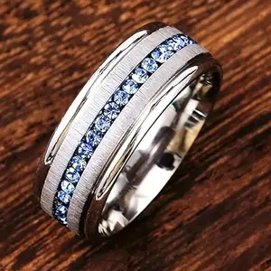 8mm Men's Fashion Wedding Engagement Ring, Matte Finish 1 Round Blue Synthetic Stone, Holiday Gift