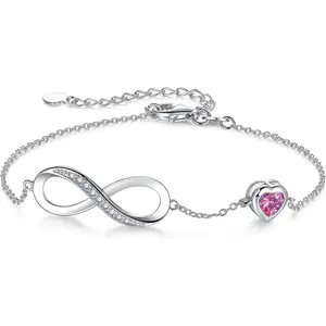 Birthstone  for Women,  Birth Stone Charm Bracelet Infinity with Cubic Zirconia, Adjustable Love Heart Chain  Gifts for Anniversary Christmas