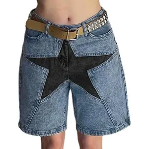 Star Patchwork Denim Shorts Mid Rise Long Jean Shorts Jorts Y2k Baggy Vintage Grunge Harajuku Streetwear