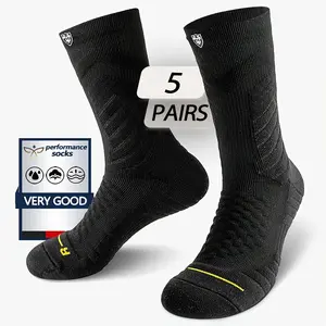 5-Pack Unisex Sports Crew Socks with Arch Support Performance Socks for Running Basketball Hiking & Cycling Moisture-Wicking Anti-Slip Cushioned Black White Cotton Polyester Blend Activewear