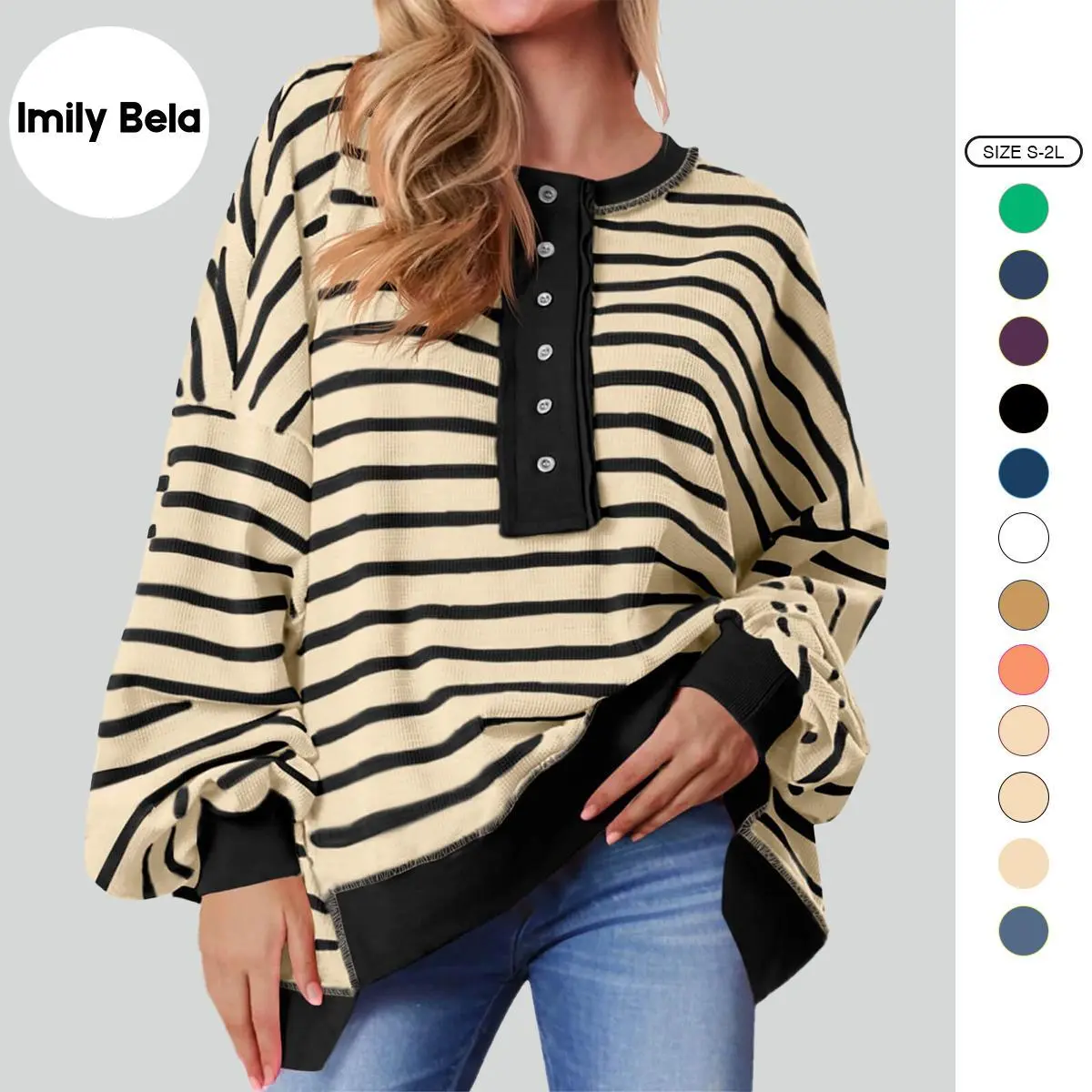 Imily Bela Womens Oversized Striped Sweatshirts Henley Shirts Color Block Casual Pullover Waffle Knit Tops SpringStatements