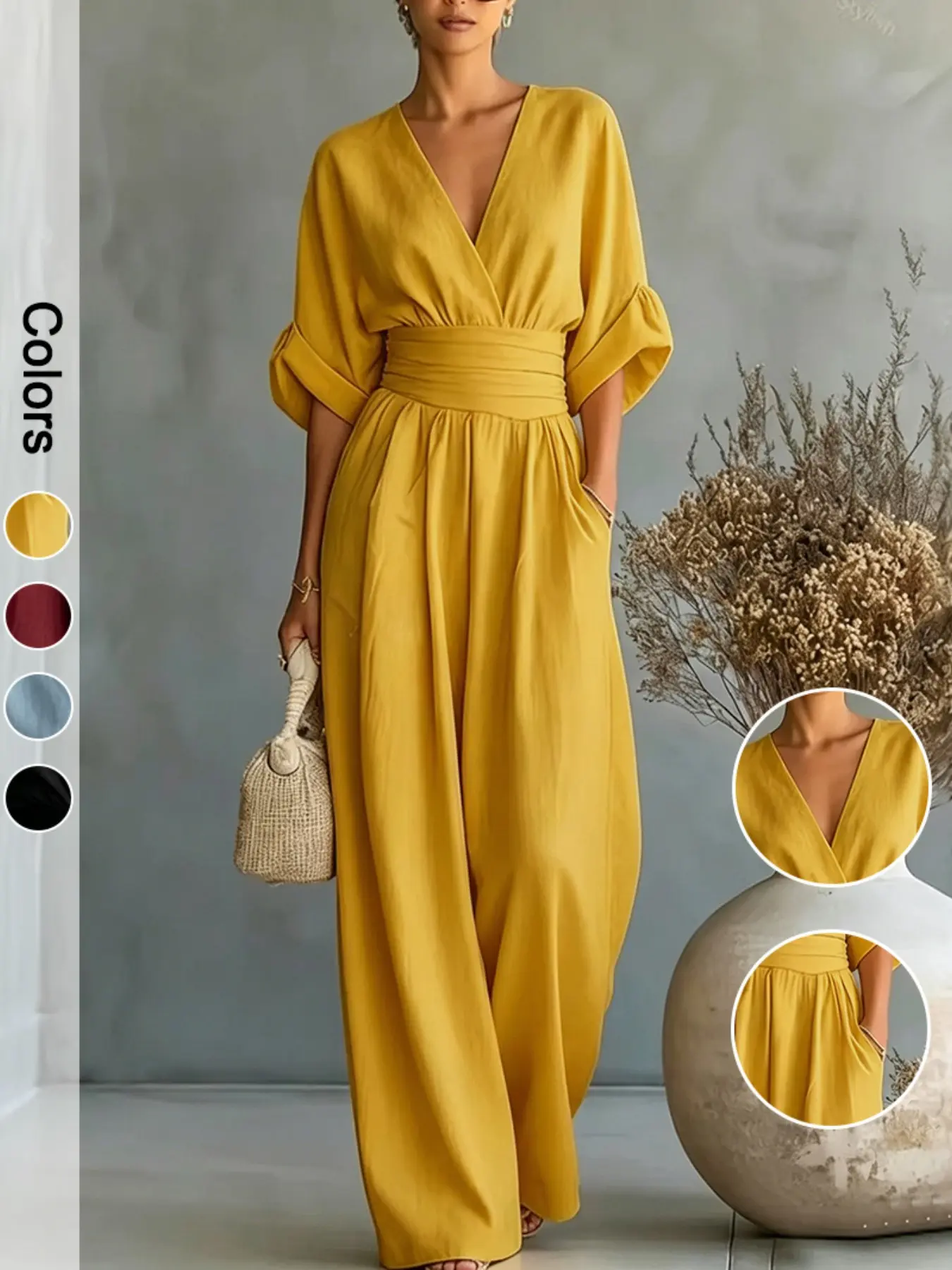 Elegant V-Neck Jumpsuit for Women, Summer Waist-Cinch Jumpsuit, All-Season Fashionable, Aesthetics, Chic and Comfortable Ladies' Clothing, Casual Jumpsuits, Holiday Jumpsuit