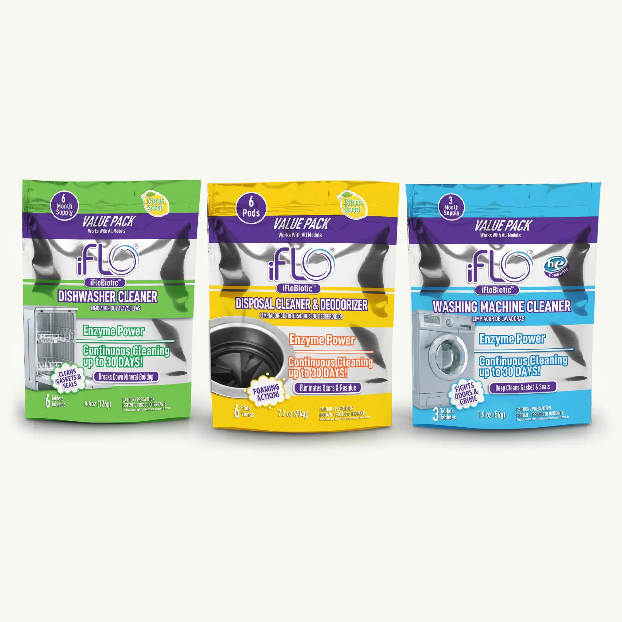 iFLO® Complete Appliance Care Pod Bundle - Dishwasher, Garbage Disposal, & Washing Machine Cleaners - Bio-Enzymatic Technology for Deep Cleaning - Household Appliance Maintenance Solution