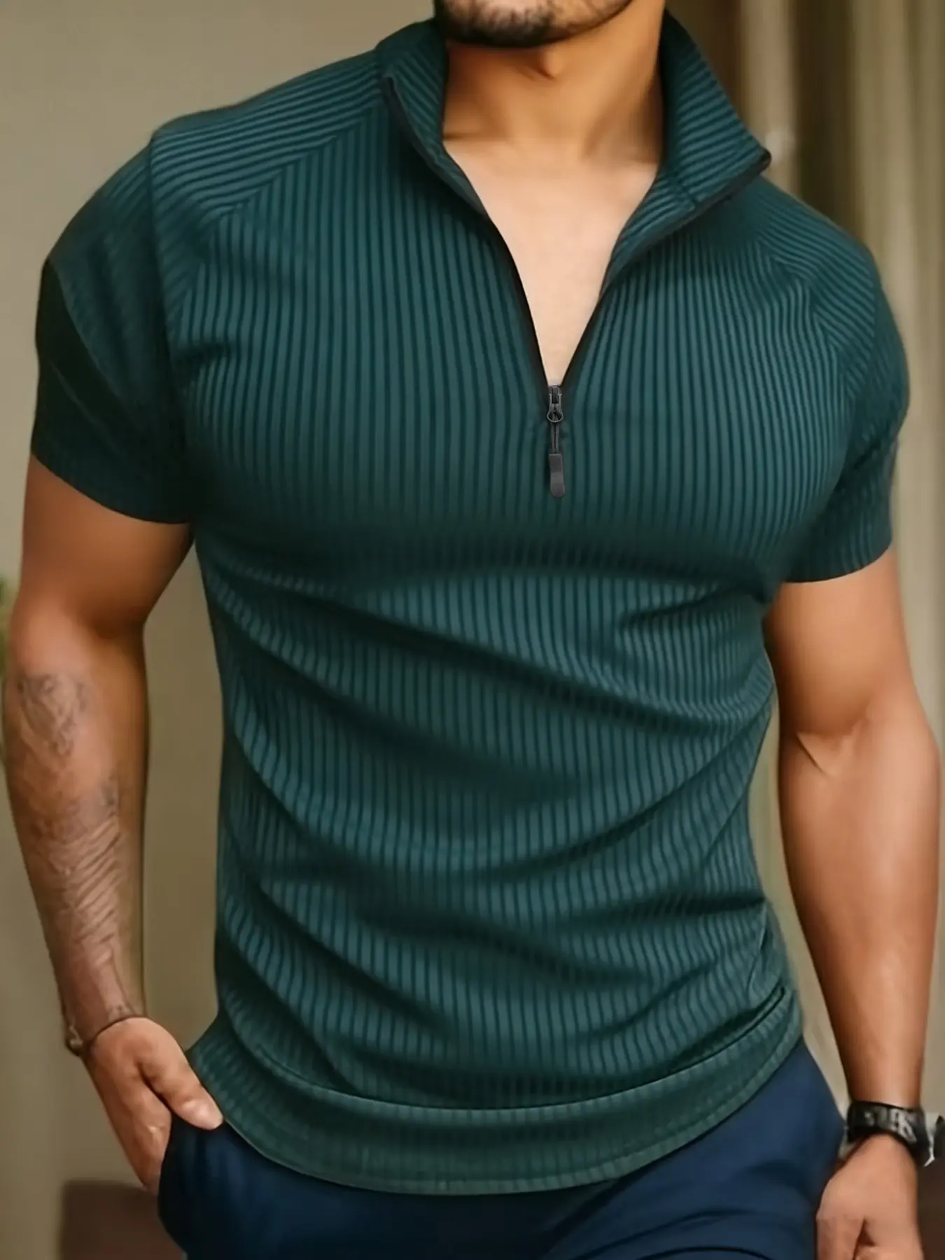 Men's European Style Half-Zip Vertical Stripe Fitness T-Shirt, Professional Training Stand Collar Slim Fit, High Elasticity Dry Fit Stretch Quick-Dry Breathable Fabric Athletic Tee