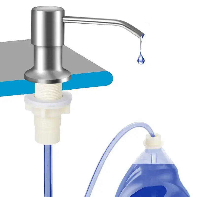 Brushed Nickel Kitchen Sink Dish Soap Dispenser - Smooth Silicone Water Pump with 39in No-Spill Extension Tube Kit, Fits Wood Countertops, Compatible with Bottles/Containers, Reduces Refills for Kitchen Use