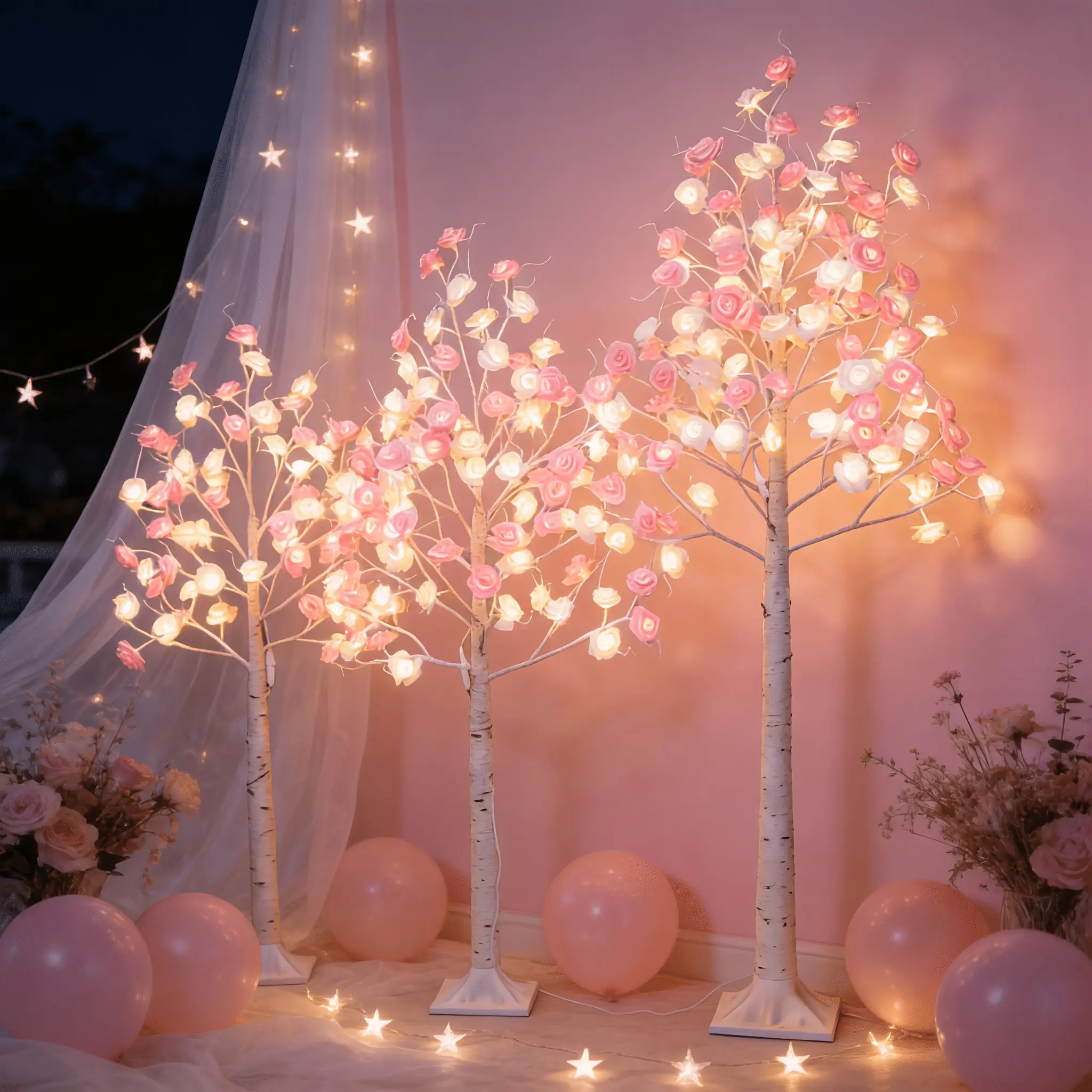 1-Pack USB-Powered LED Rose Tree Floor Lamp (4ft/5ft/6ft) - Waterproof Birch-Textured Branches, Pink & White Roses, Romantic Flower Theme Decor Tree Light Lamp for Wedding Party, Indoor/Outdoor Home Gift