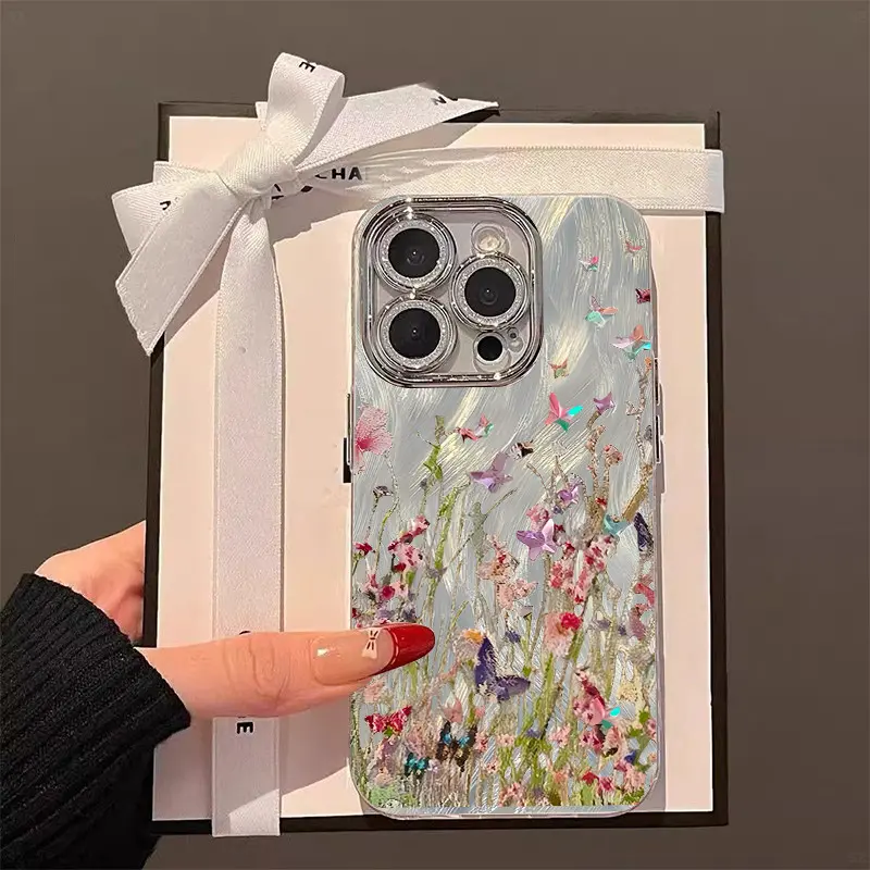 Monet's Garden Phone Case for use with iphone 17 air 16 pro max 15 plus 14 pro 13/12/11 X/XS XSMAX lens protector aesthetic trendy phone cases holographic luxury phone case Y2K Fresh Floral Watercolor Design