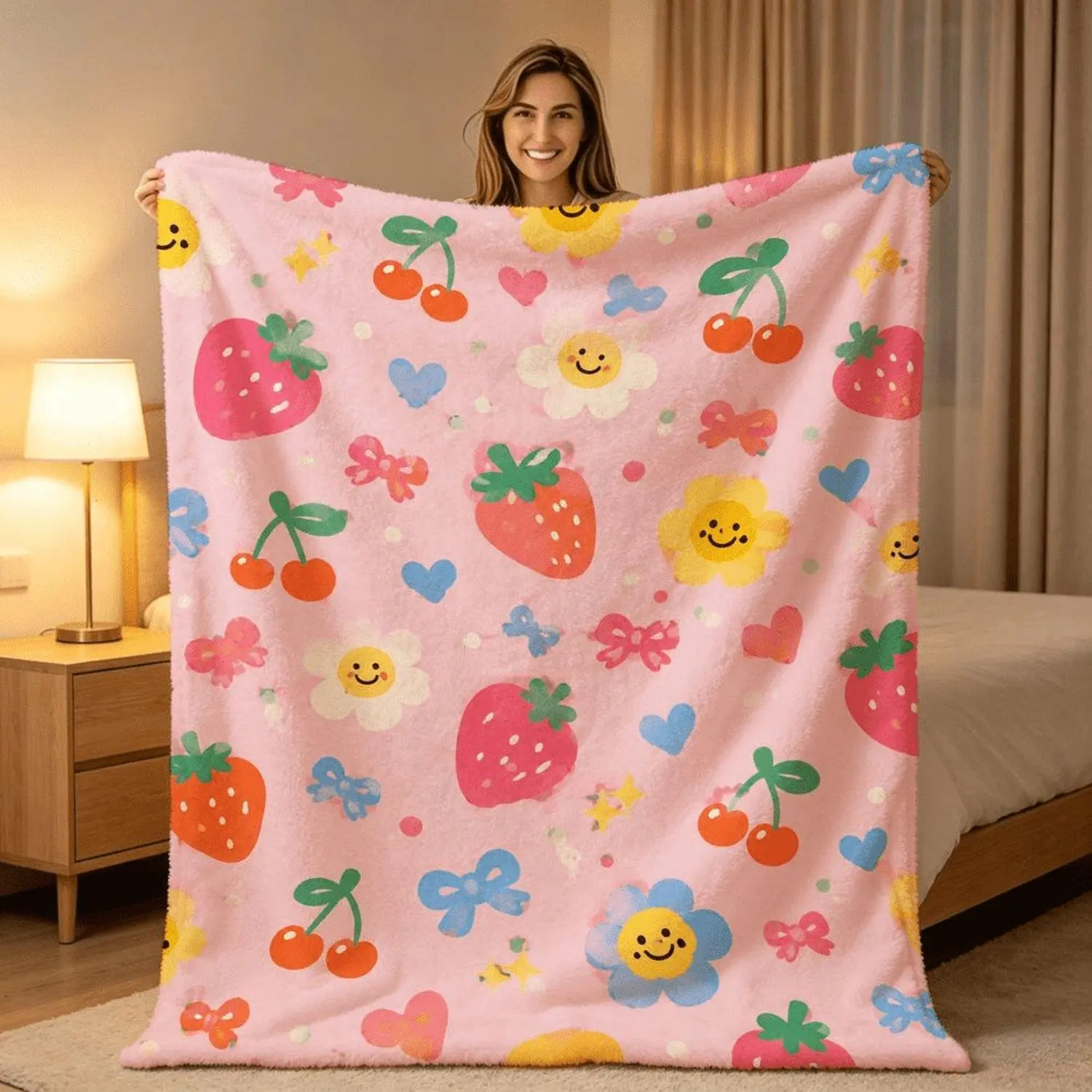 Soft Pink Strawberry Cherry And Floral Print Fleece Throw Blanket Perfect for Sofas, Beds, Travel, Camping, Living Rooms, Offices, And Armchairs Ideal Aesthetic Decor Gift for Birthdays, Holidays, And Anniversaries Suitable for Women, Friends