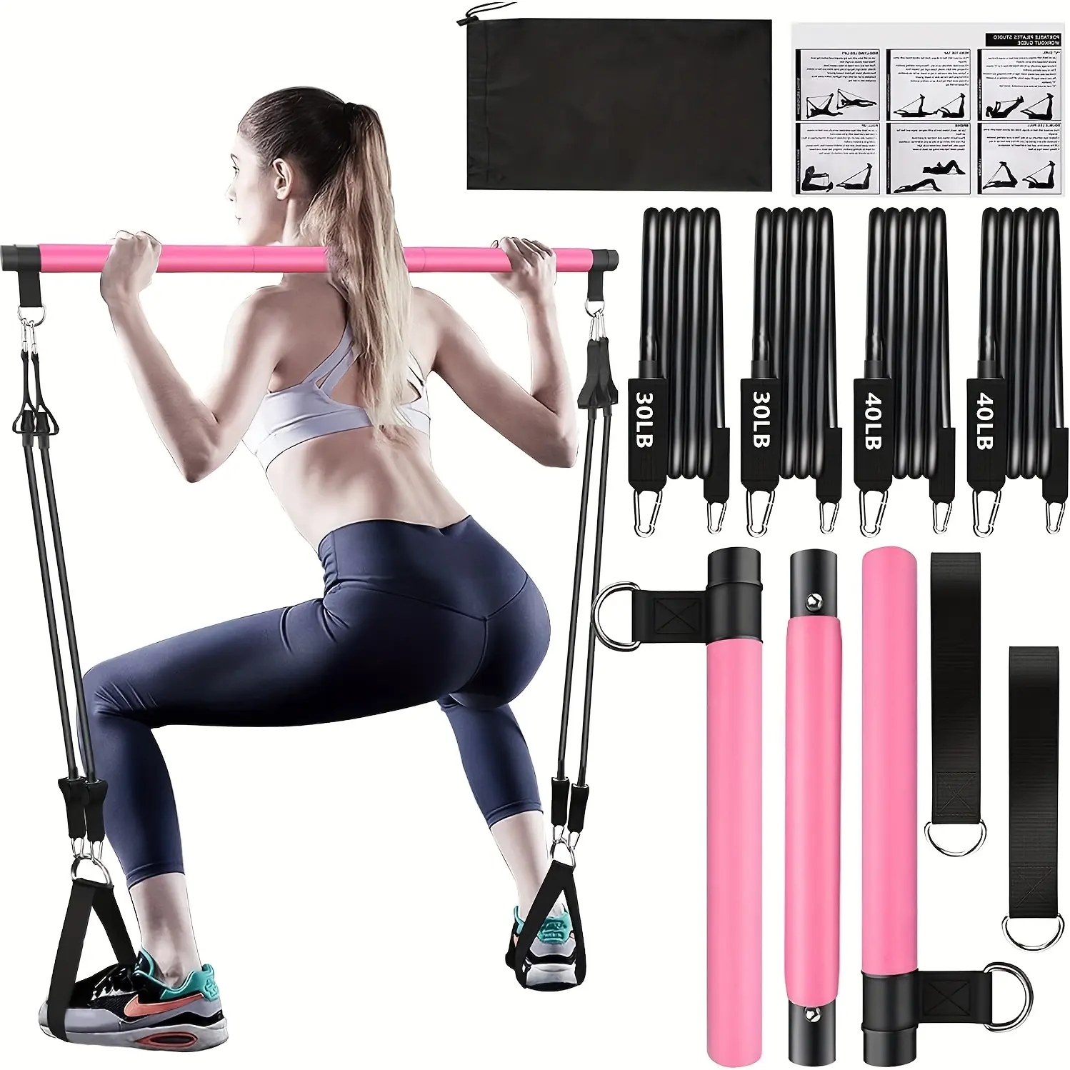 Pilates Bar Kit with Adjustable 140 lbs Resistance Bands, 8-Piece Portable Home Gym for Core Strength Training & Resistance Band Workout, Unisex Set with Ankle Straps, Father's Day Gifts, Compact Set, Functional