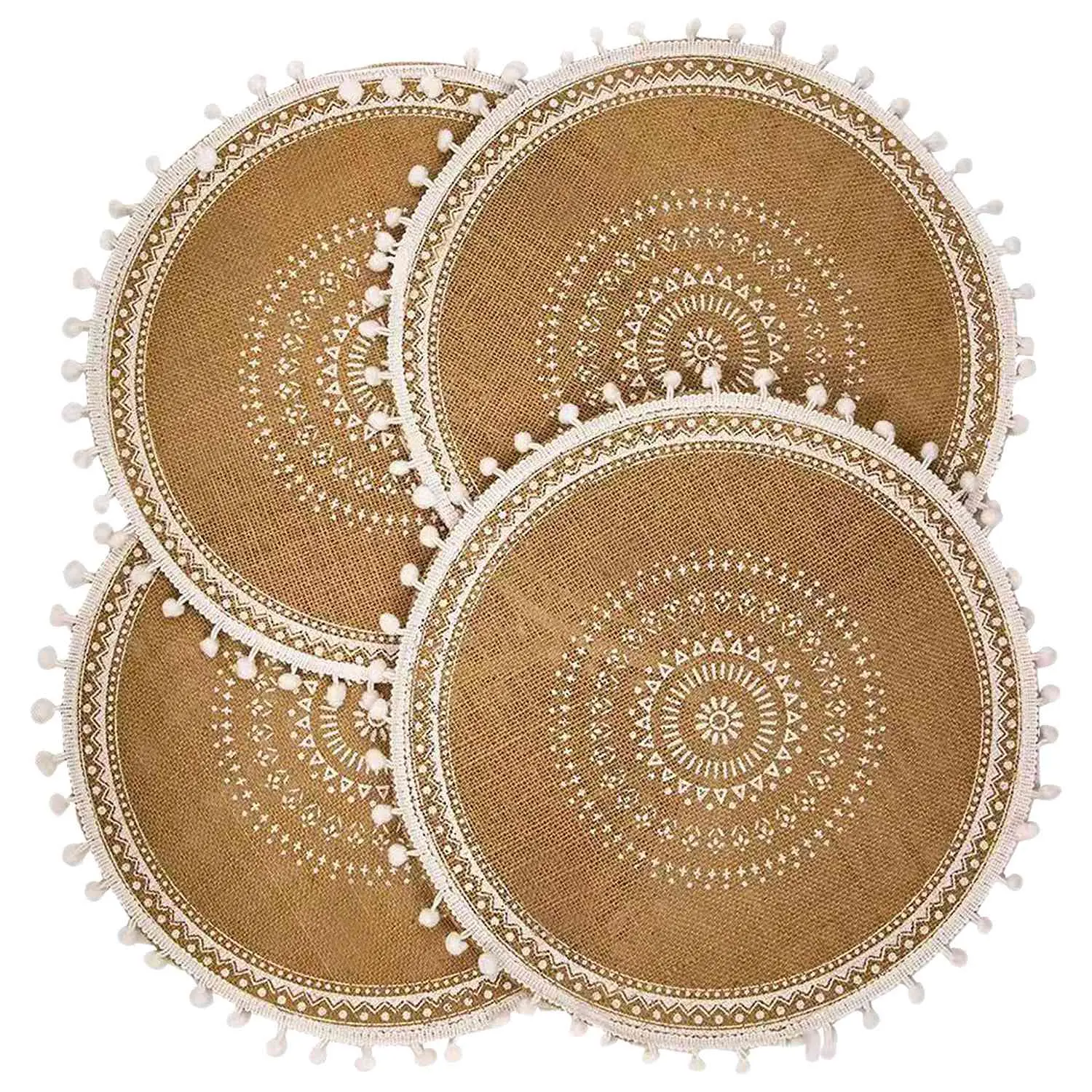 Boho Woven Jute Round Household Placemats Set of 4 with Pompom Tassel - Linen-Fabric Kitchen Decorative Placemats for Home Coffee Table, Dining Room Table Use (White Ball), Household Placemat, Kitchen Decorative Placemat