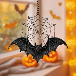 Gothic Bat With Spider Web Faux Stained Glass Acrylic Suncatcher, Halloween Window Hanging Decor, Creepy Flying Bat For Spooky Witch House