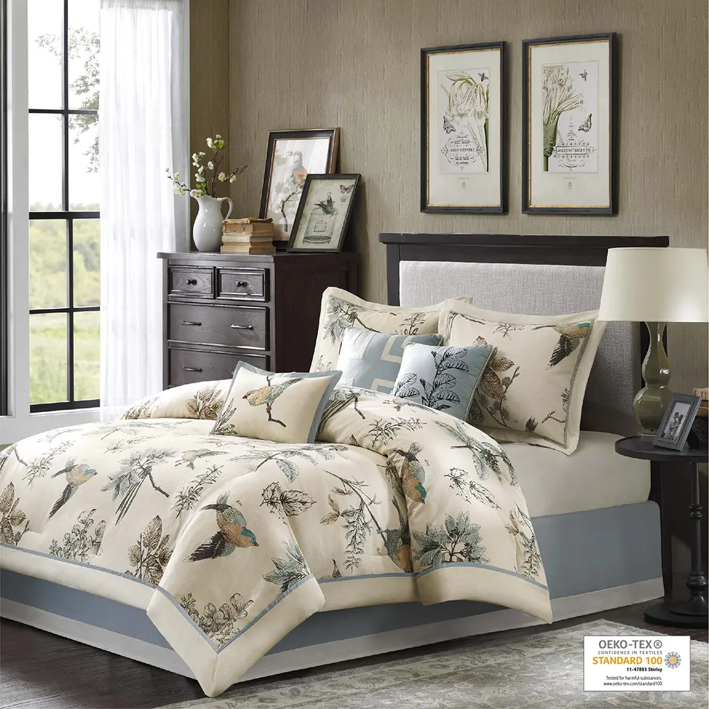 Queen Size 7-Piece Twill Weave Printed Cotton Comforter Set - OEKO-TEX Tested for Harmful Substances, Leaf and Bird Print Country Vibe Bedding Set with Solid Reverse, Nature Motif, Comforter Queen Size, Oeko-Tex Safe