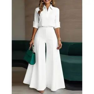 Women’s casual solid-color set featuring a long-sleeve shirt-collar half-button blouse and bell-bottom pants, suitable for daily commuting.