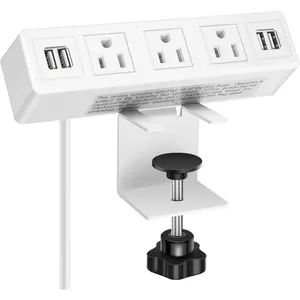 3 AC Outlet Desk Clamp Power Strip White, Desk Mount USB Charging Power Station, Removable Desktop Edge Power Center Plugs Output 125V/60HZ/12A/1500W, USB 5V/4A 6.56FT Cable