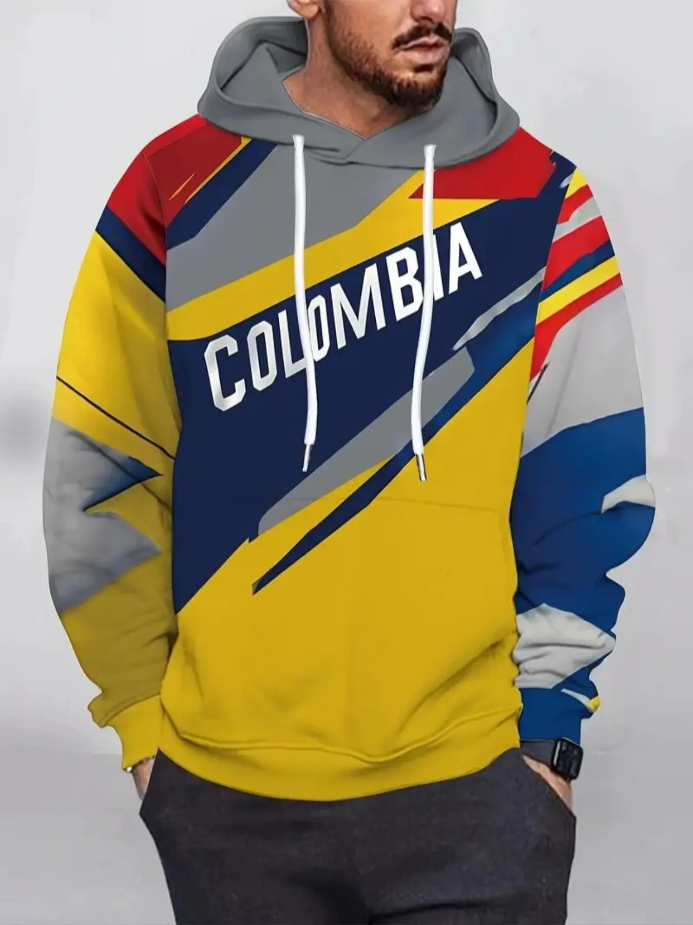 Men's Knitwear Street Fashion Hoodie with Colombia Flag Design, Blue Block Print Casual Polyester Long Sleeve Fitted Pocket Lightweight Elastic