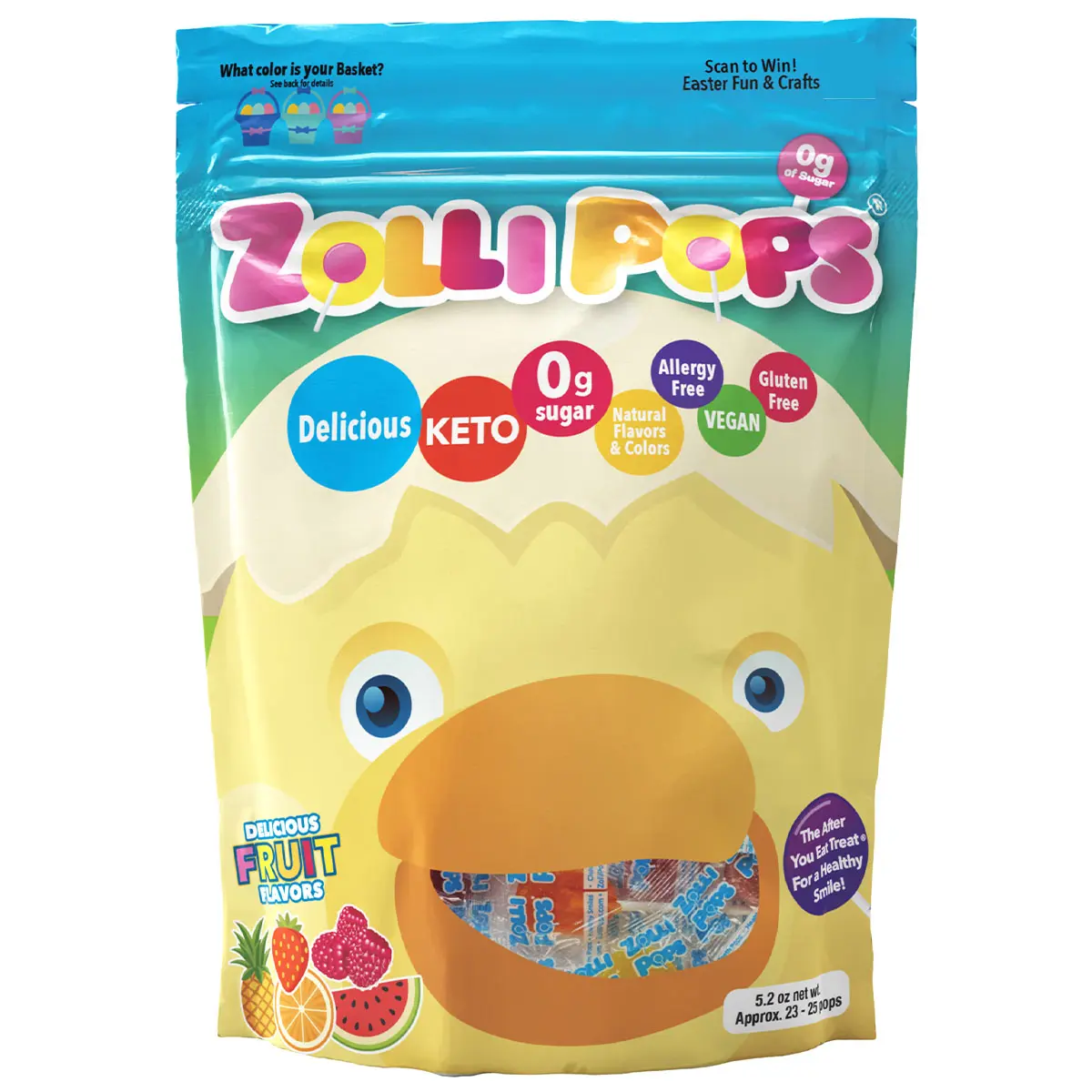 Easter Zollipops Original Assorted Fruit Candy, 5.2oz Pouch, No Artificial Dyes, Vegan, Keto & Diabetic Friendly Zero Sugar Lollipops