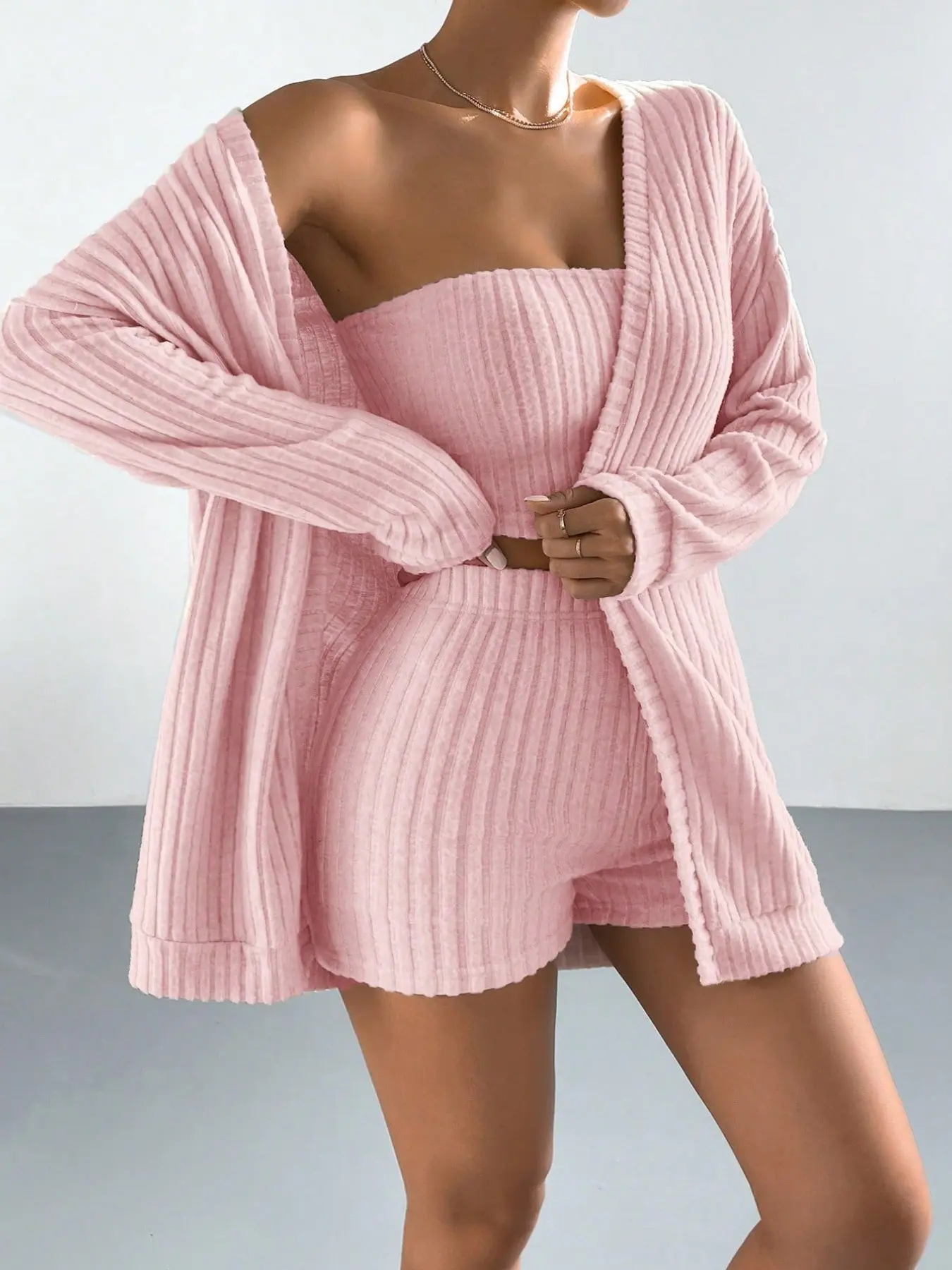 Women's Flannel Striped Pajama Set Loungewear, Long Sleeve Jacket, Tank Top, Short Pants, Three-Piece, Casual Slim-Fit Home Wear