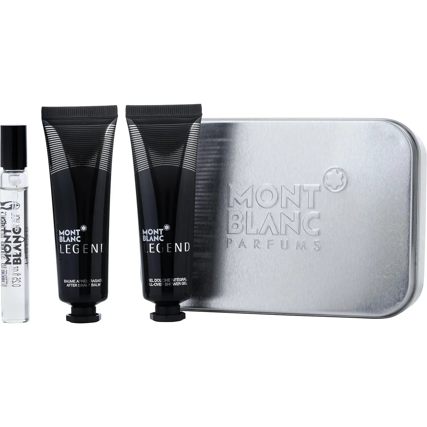 Mont Blanc Legend Set-Edt Spray 0.25 Oz & Aftershave Balm 1 Oz & All Over Shower Gel 1 Oz & Tin Box For Men
