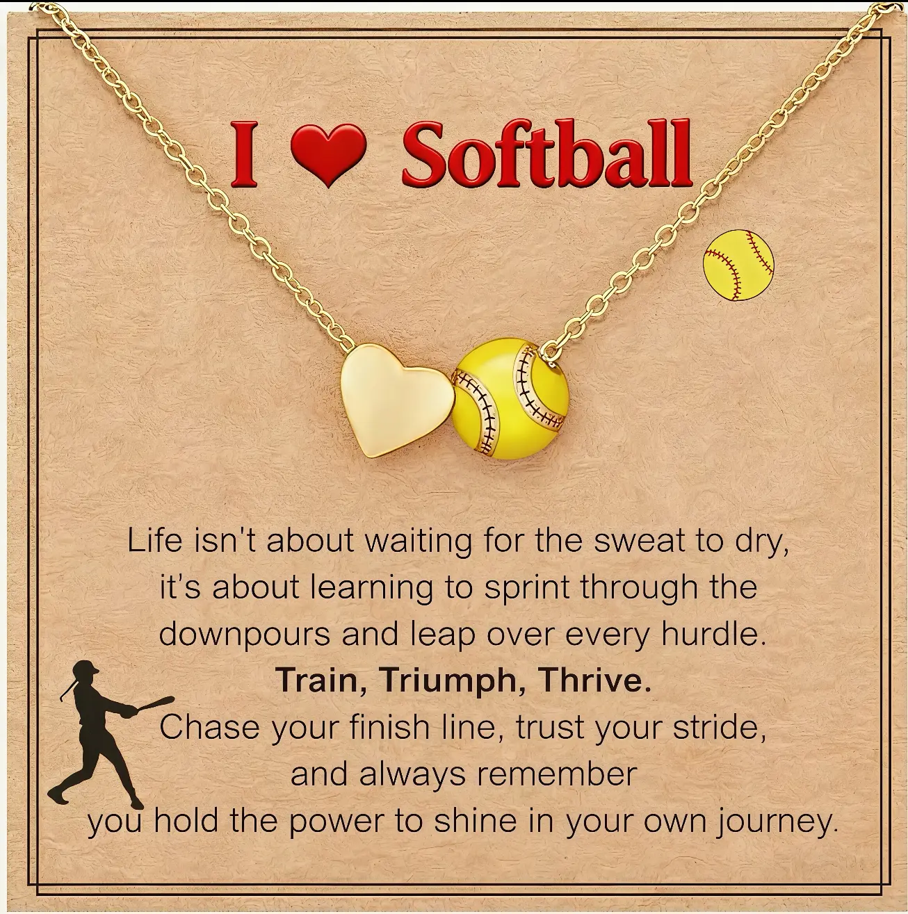 18K Gold Plated Softball and Heart Shaped Pendant Necklace - Tarnish-Free Titanium Steel, Adjustable Chain, Women’s Sporty Costume Jewelry Gift for Girlfriend