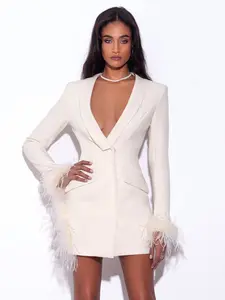 Madeline Pearl White Feather Trim Blazer Dress