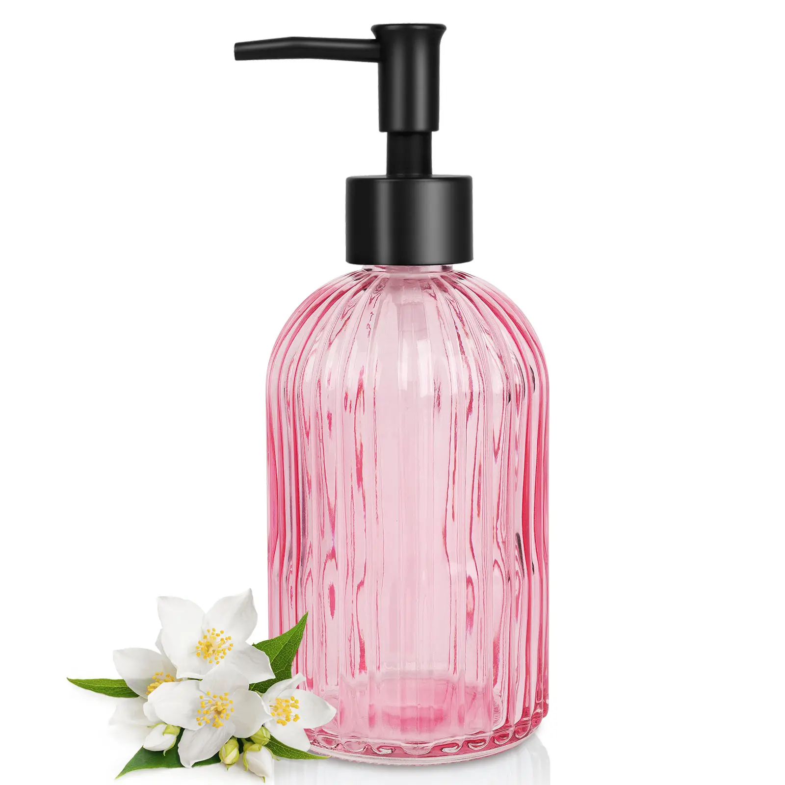 Blush Pink Stripe Glass Pump Soap Dispenser - 400ml Sturdy Refillable Countertop Dispenser with Rustproof Black Plastic Pump, for Kitchen, Bathroom (Lotions, Essential Oils, Cleaning Gift), Pump Soap Dispensers