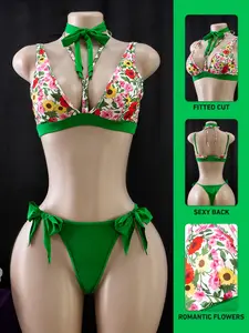 Women's Sexy Fit Elastic Milk Silk Floral Print Set (Wireless Underwear + Panties + Scarf), Elegant Romantic Farmhouse Style, Daily Wear, Valentine's Gift