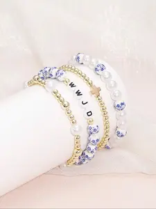 Boho Style Beaded Bracelet, Faux Pearl Beaded Bracelet, WWJD Bracelet, Stackable Bracelets, Fashionable Bracelet, High Quality Bracelet, Fashion Jewelry Accessories for Women & Men, Birthday Gift, Anniversary Gift, Stackable Bracelet Set