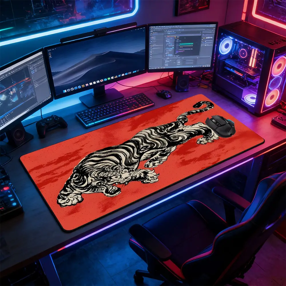 Vintage Red Background Tiger Art Large Gaming Mouse Pad, Non-Slip Rubber Base with Reinforced Stitched Edge, Bold Traditional Japanese Aesthetic Design, Durable Desk Mat for Gaming & Office, Great Gift for Gamer Boys & Art Enthusiasts