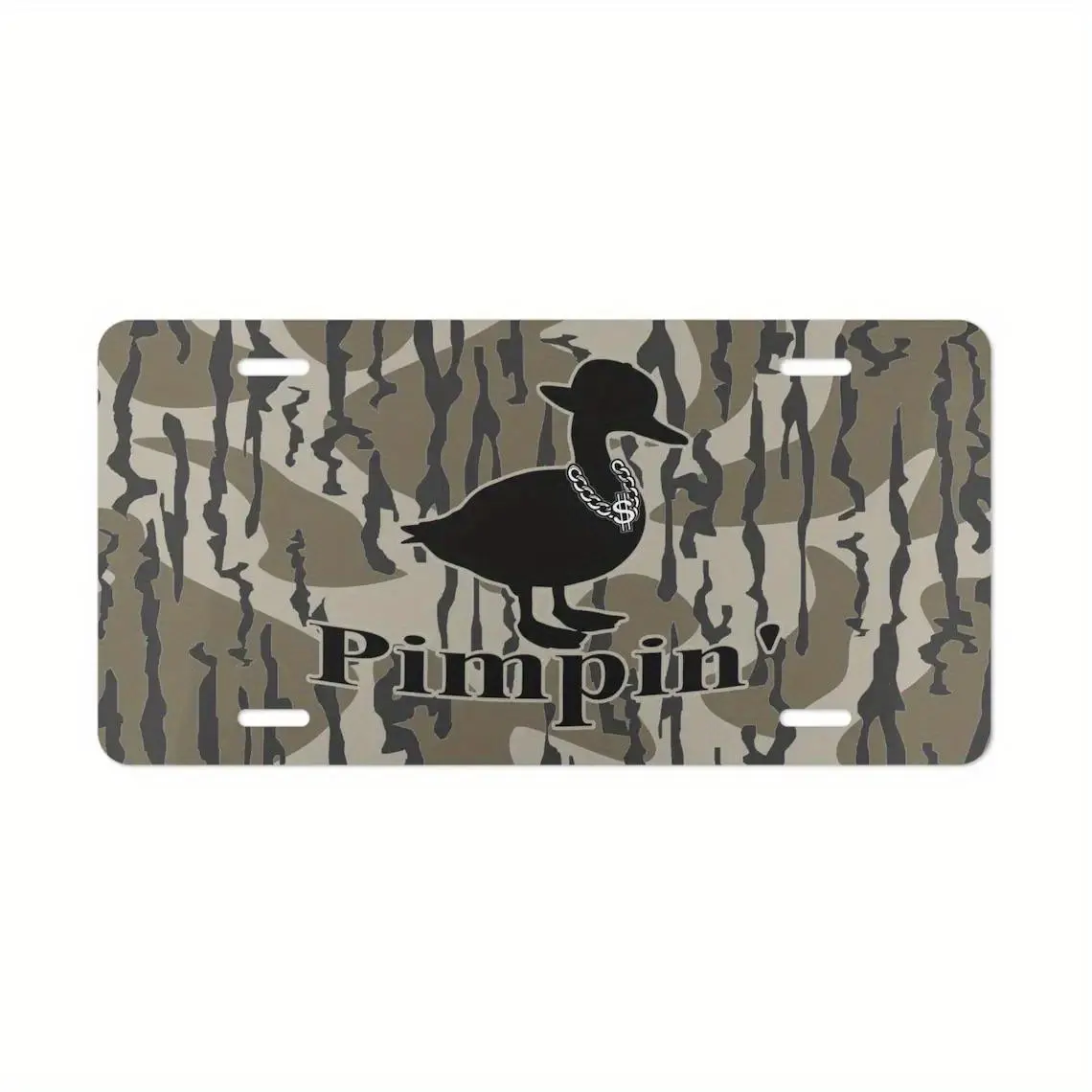 Sandy Bottom Camo with "Pimpin' Duck" Vanity Plate, License Plate, Gifts for Him, Hunting Gifts, Duck Hunting, Aluminum Front License Plate- 6x12-inch polished metal standard plate, easy to install, car trim accessories, for decor only, Made in USA Automo